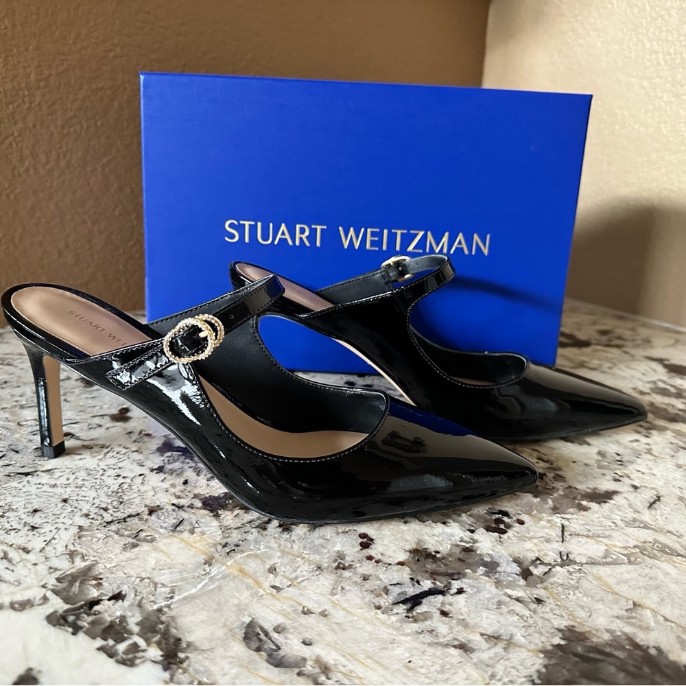 Stuart Weitzman Crystal Buckle 75 Patent Mule